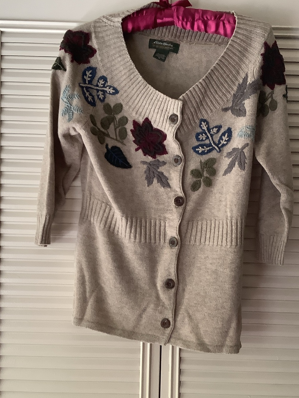 Eddie Bauer Cream Button-Up Cardigan with Multicolor Floral Embroidery